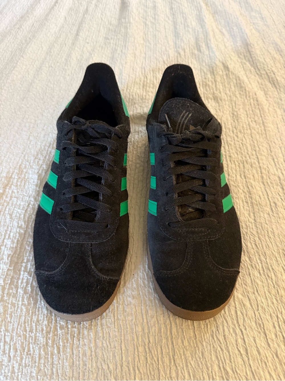Men's Adidas Black Suede Sneakers with Green Stripe Accents